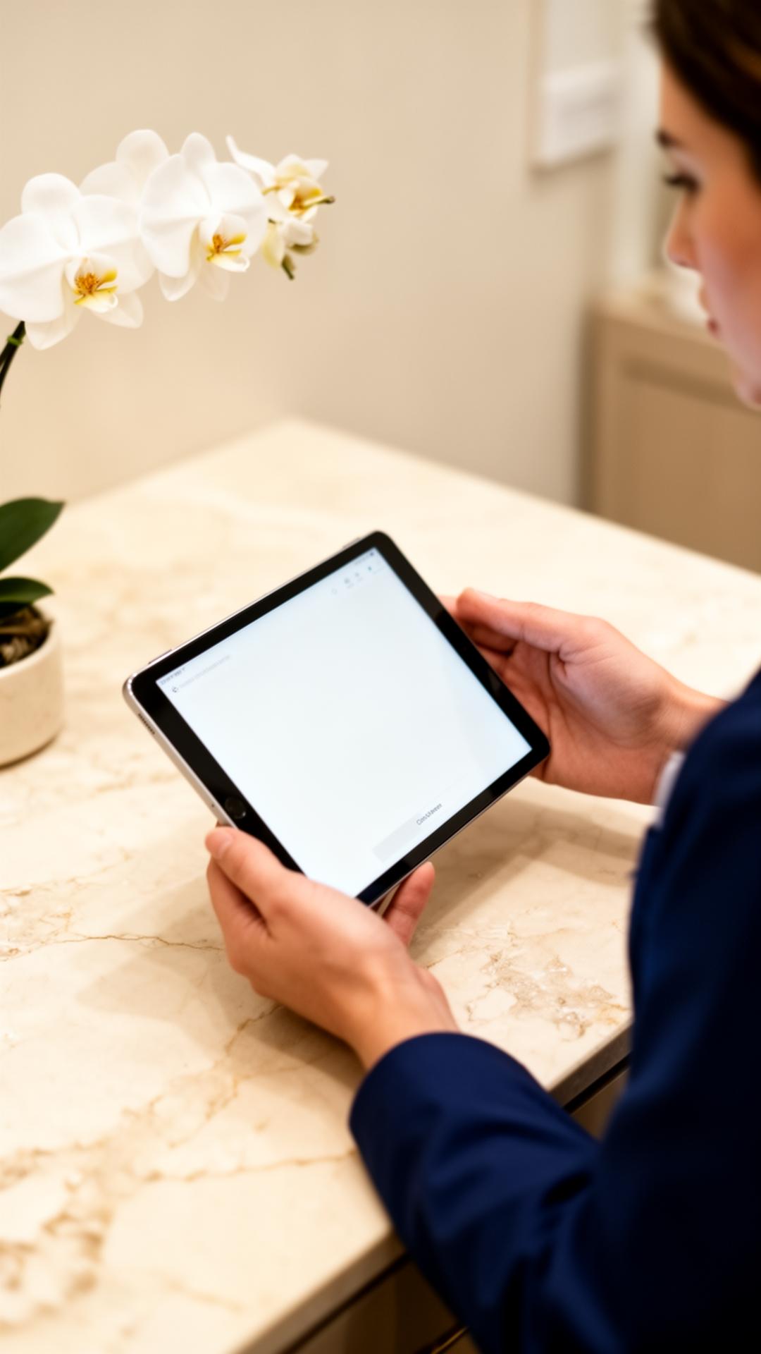 A clinician reviewing a patient brief on a tablet.